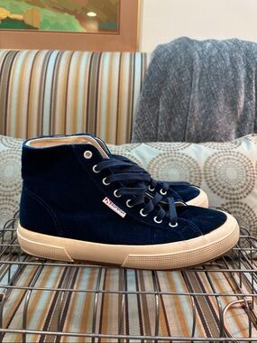 Superga Navy Velvet High-Top Sneakers with Cream Sole